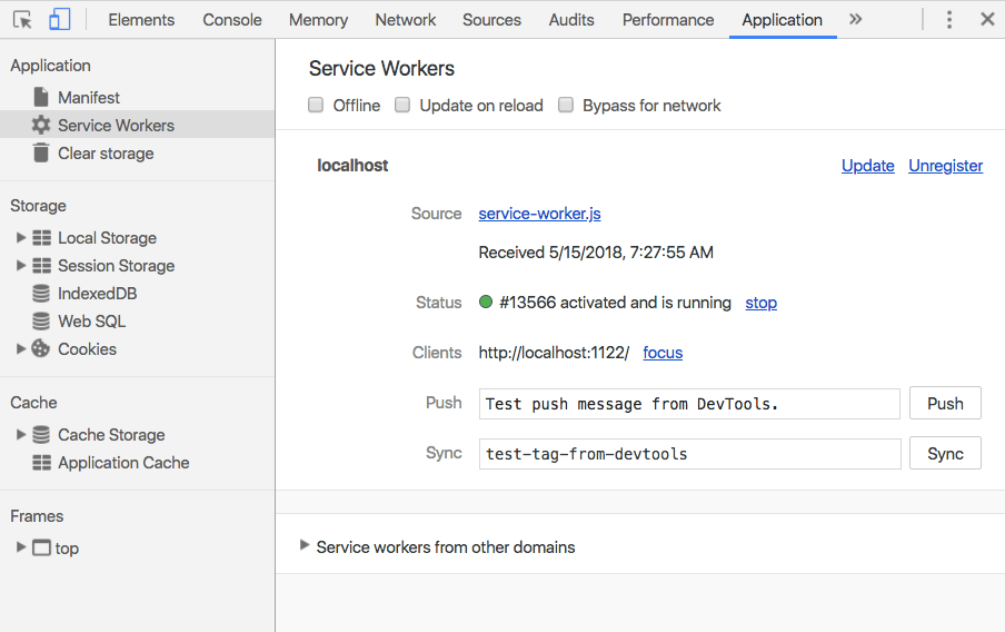 Service Worker Installed - Chrome Developer Tools