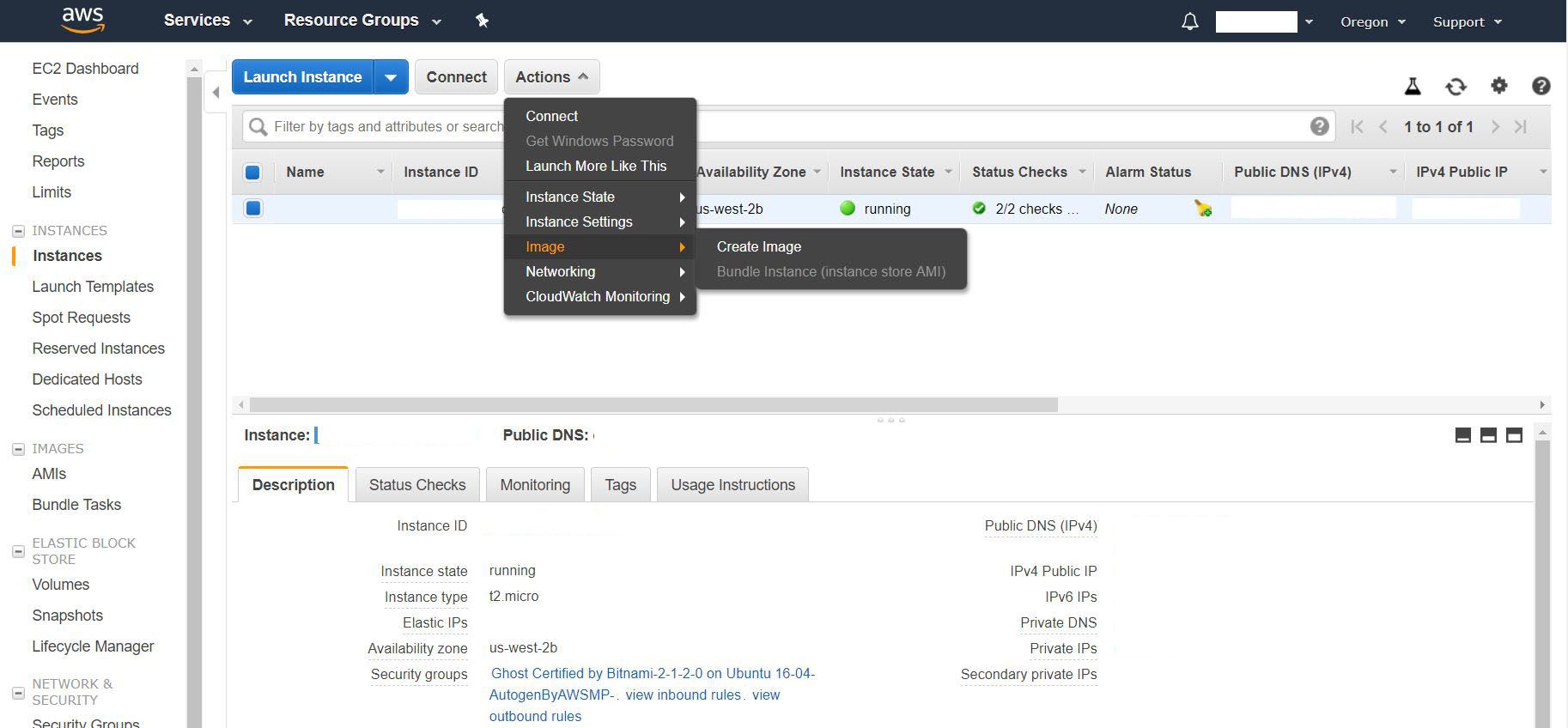 Amazon EC2 Dashboard - Ghost Create Image