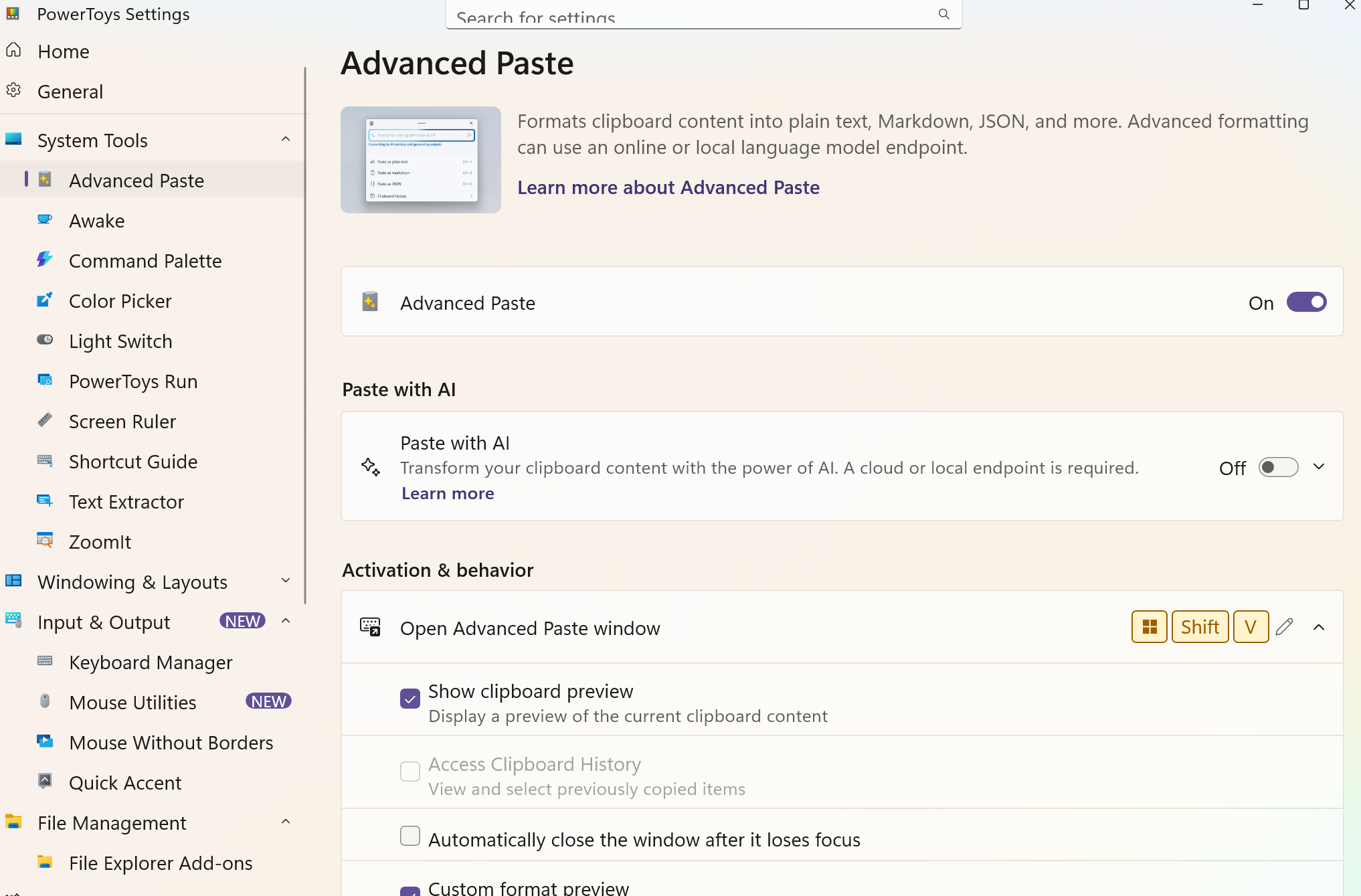 Setting up Powertoys Advanced Paste
