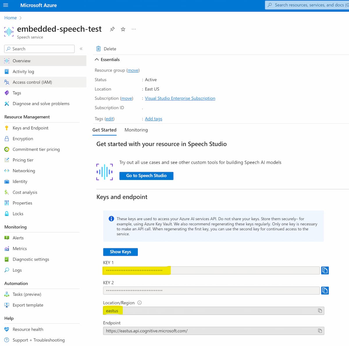 Azure portal showing the Speech service subscription key and region