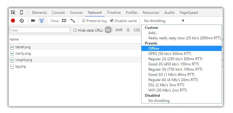 Chrome DevTools Network throttling set to Offline