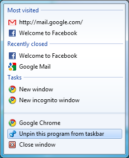 Google Chrome Jump List on the Windows 7 taskbar