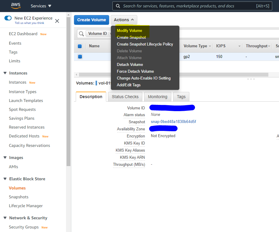 Modify Volume option in the EC2 volume Actions menu