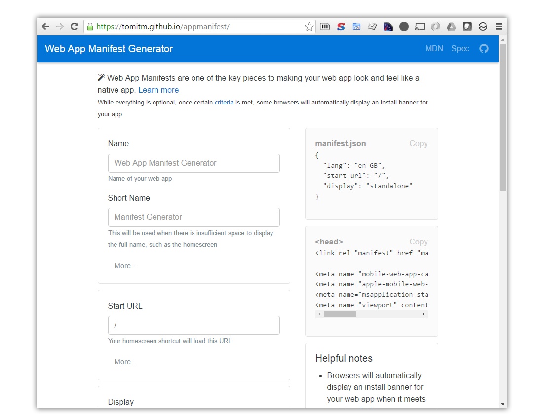 Progressive Web App - Manifest generator