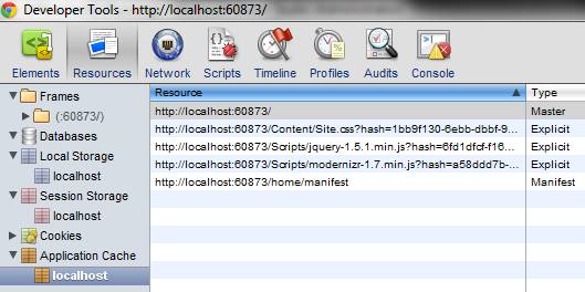 Application cache resources with content hashes in Chrome DevTools